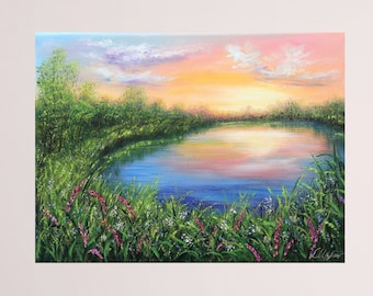 Sunset painting original oil painting, summer landscape painting, lake and wildflower meadow, nature painting on canvas