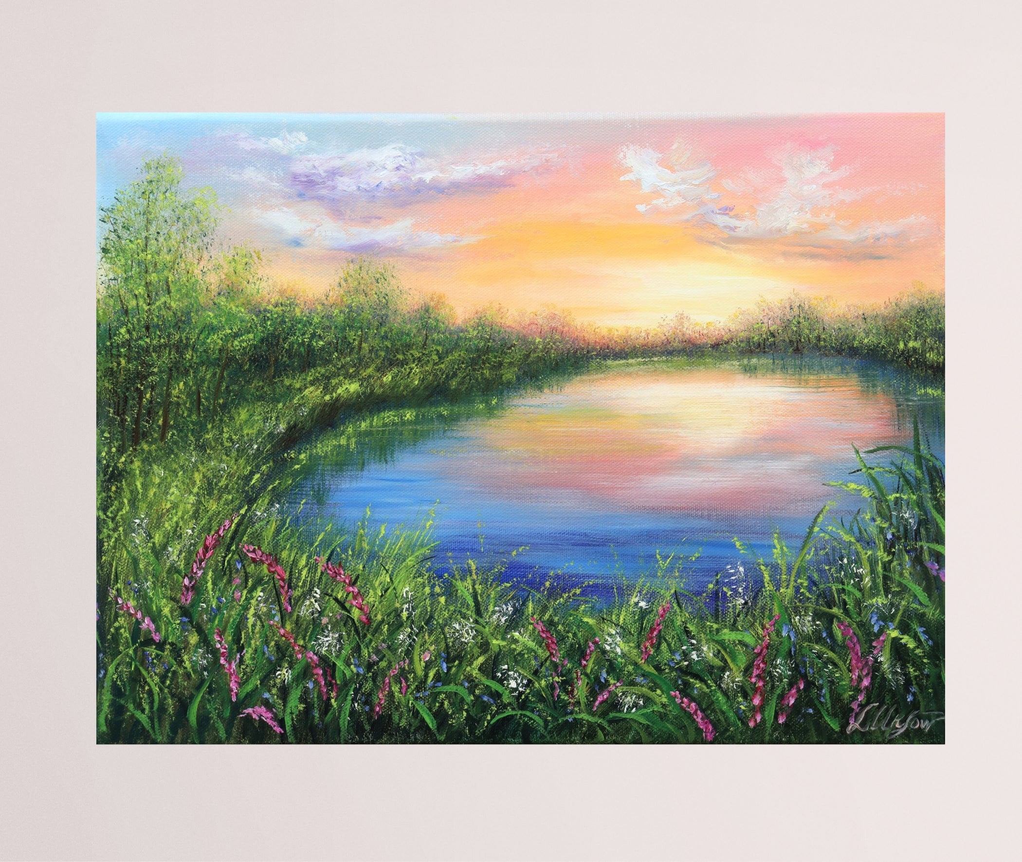 Sunset Lake Landscape Original Oil Painting, Wildflower Meadow