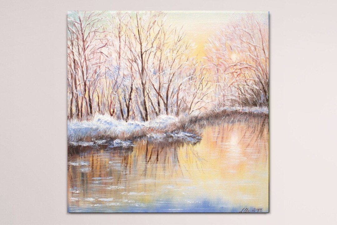 冬の風景オリジナル油絵、川、夕焼け、雪、森、キャンバス、14 x 14