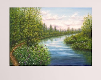 夏の野花の草原の風景 オリジナル油絵 田園風景 16x12 キャンバス