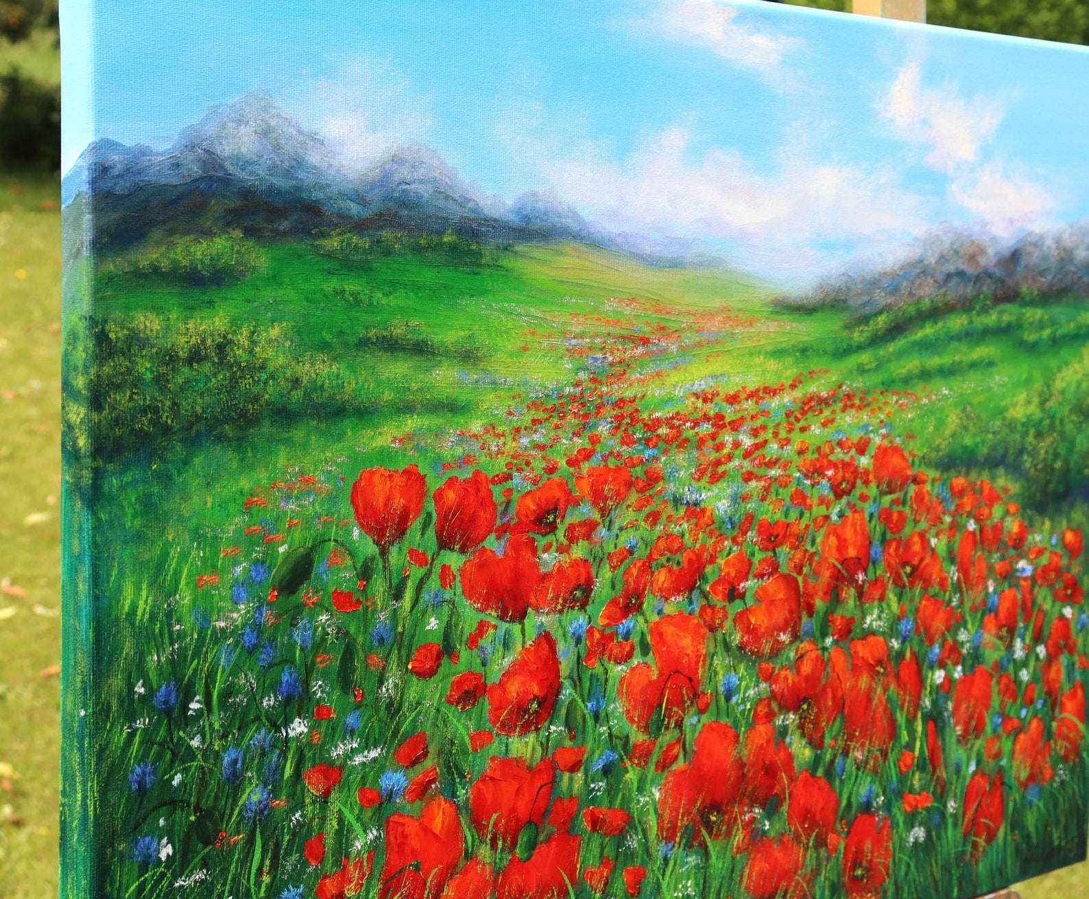 Poppy Field Oil Painting, Red Green Landscape Flower Meadow Canvas Art ...