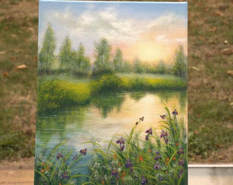 Sunset Lake Oil Painting: Realistic Wildflower Meadow Landscape