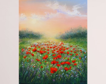 Wildflower meadow original oil painting, sunrise at the poppy field colorful landscape small painting 8" x 10"