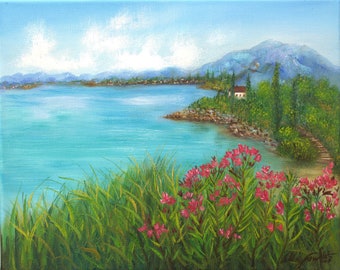 Seelandschaft mit Bergen, Strand am Meer mit Wildblumen, kleine Naturmalerei auf Leinwand