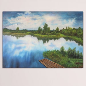 Lake oil painting original, sunset lake landscape impressionist nature large oil painting 28 x 20 inches on canvas
