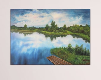 Lake landscape painting lake oil painting original, sunset rural landscape large oil painting on canvas