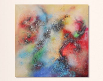 Abstract painting original art, acrylic textured large painting square canvas art, colorful large wall art