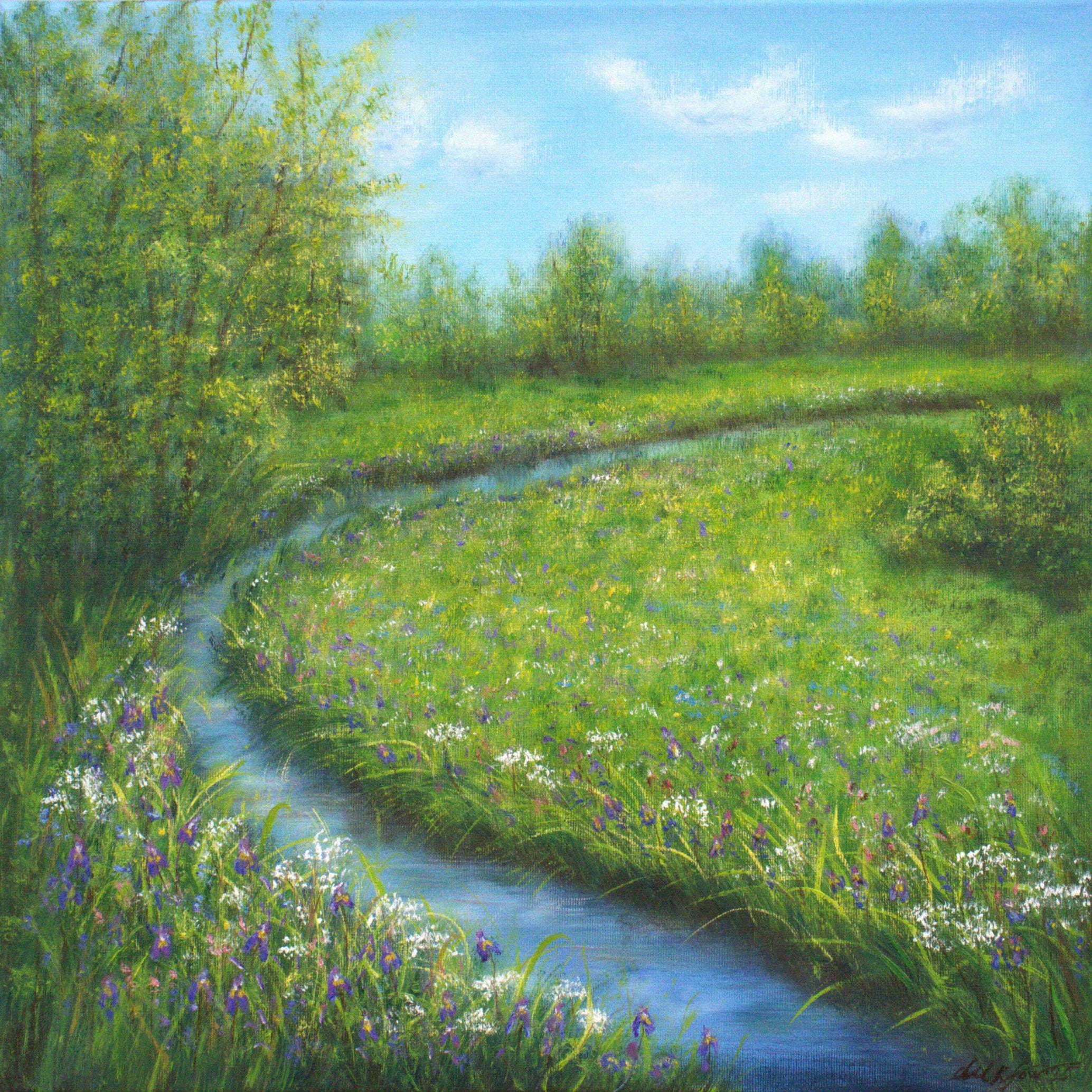 Summer landscape original oil painting, river and wildflower meadow, countryside nature wall art greenery artwork 20 x 20 inch canvas