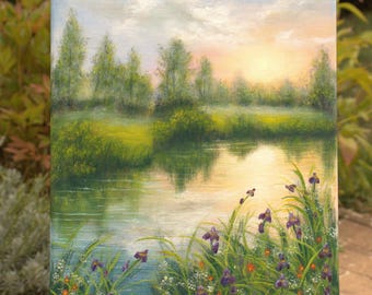 サンセットレイク油絵：写実的な野花咲く草原の風景 16x12インチ