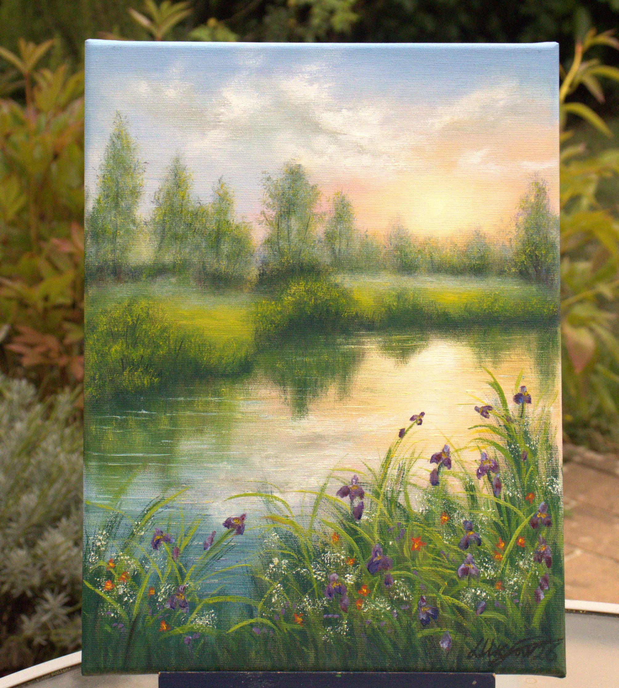 サンセットレイク油絵：写実的な野花咲く草原の風景 16x12インチ
