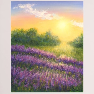 Pintura a óleo original de campo de lavanda, nascer do sol na paisagem rural francesa, pequena pintura colorida de 8 x 10 polegadas
