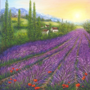Lavender field original oil painting, sunset at Provence landscape 16 x 16 inch canvas
