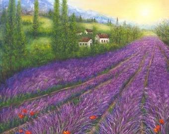 Lavender field original oil painting, sunset at Provence landscape 16 x 16 inch canvas