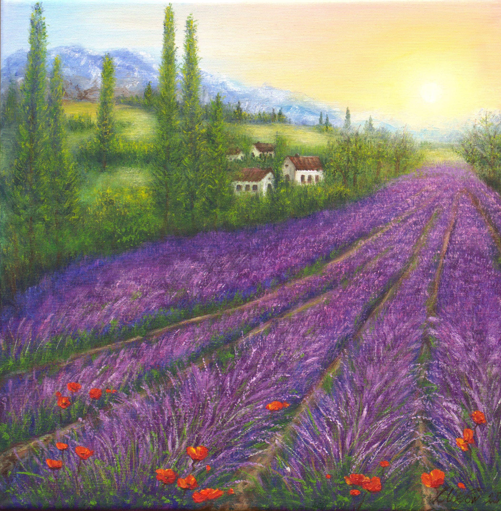 Lavender Field Original Oil Painting, Sunset at Provence Landscape