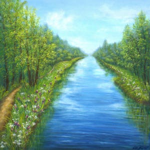 Water landscape original oil painting, summer landscape blue river green forest nature - custom oil painting
