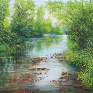 Landschaft original Ölgemälde, Wasserlandschaft realistische Malerei, Fluss im Wald Natur Bild auf Leinwand