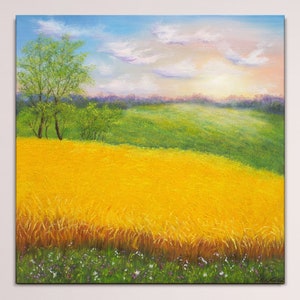 Alba sul campo di grano dipinto a olio originale, arte del paesaggio di campagna, opera d'arte naturalistica dipinto realistico su tela