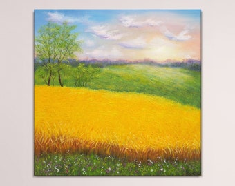 Sunrise on the wheat field original oil painting, countryside landscape art, nature artwork realistic painting on canvas