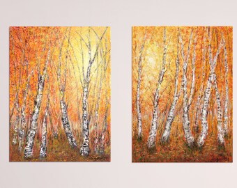 Birch tree painting original oil painting, autumn painting set of 2, autumn landscape textured gallery wall set fall artwork