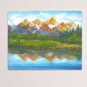 Grand Teton Ölgemälde Yellowstone Nationalpark Wyoming, Bergsee und Rocky Mountains handgemalt 20 x 25 cm