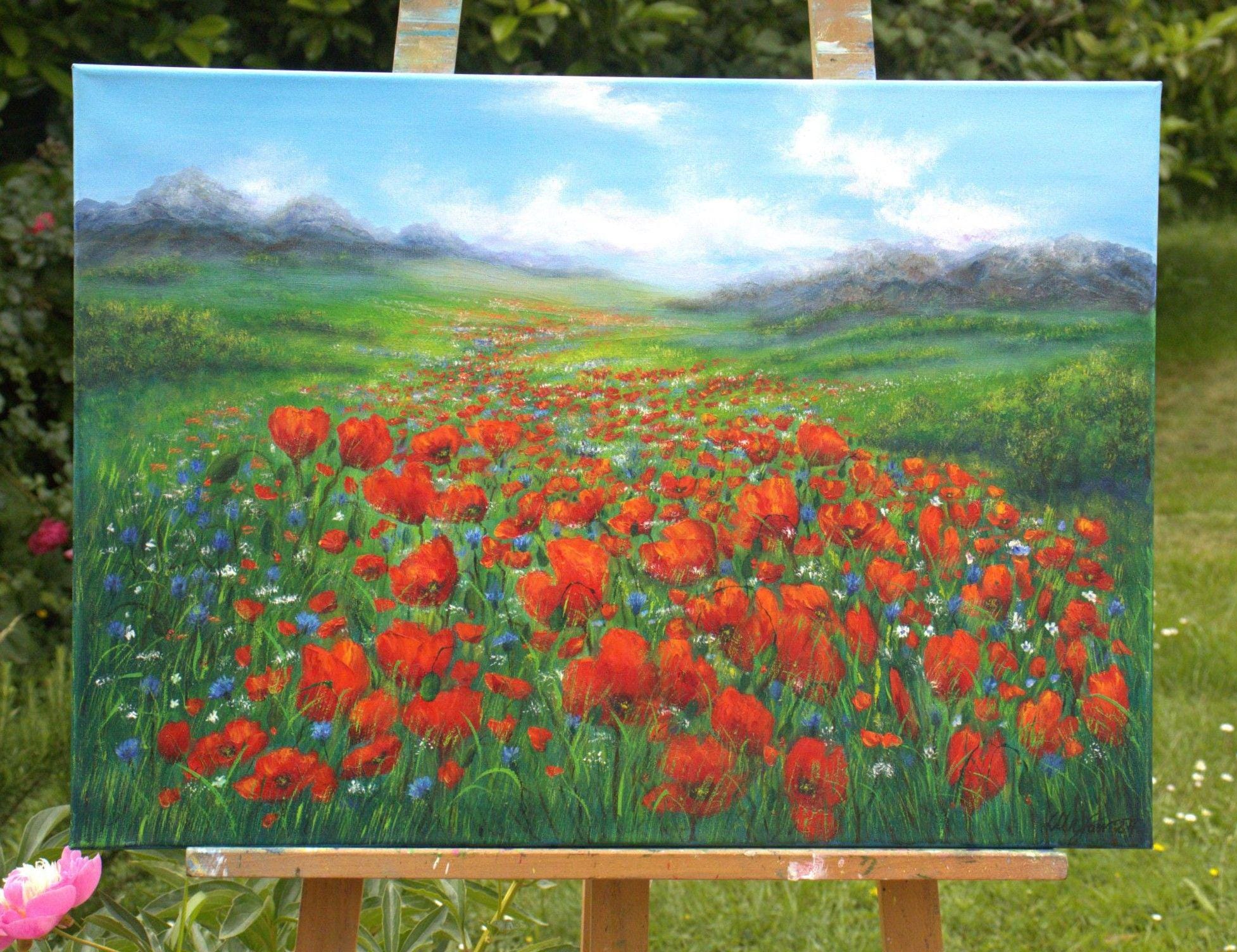ポピー畑の油絵、赤と緑の風景、花畑のキャンバスアート、28 x 20