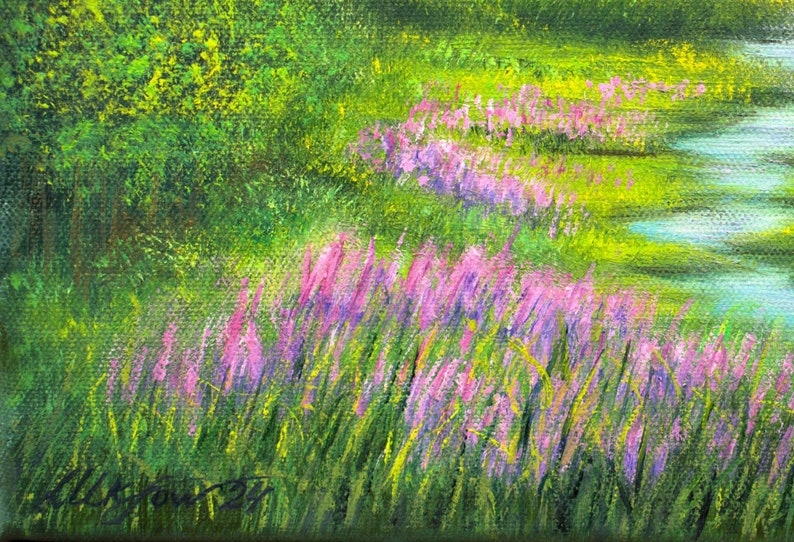 Berggemälde Alaska Landschaft Nationalpark Kunstwerk, Bergsee und Wildblumenwiese Original Ölgemälde 12 x 16 auf Leinwand Bild 5