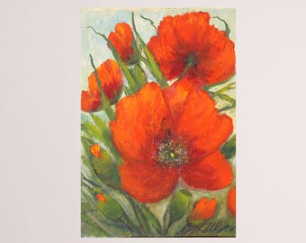 Blume Ölgemälde handgemalt rote Blume Blumenstrauß Mohn Wandkunst Stillleben kleines Ölgemälde 7" x 5" auf Karton