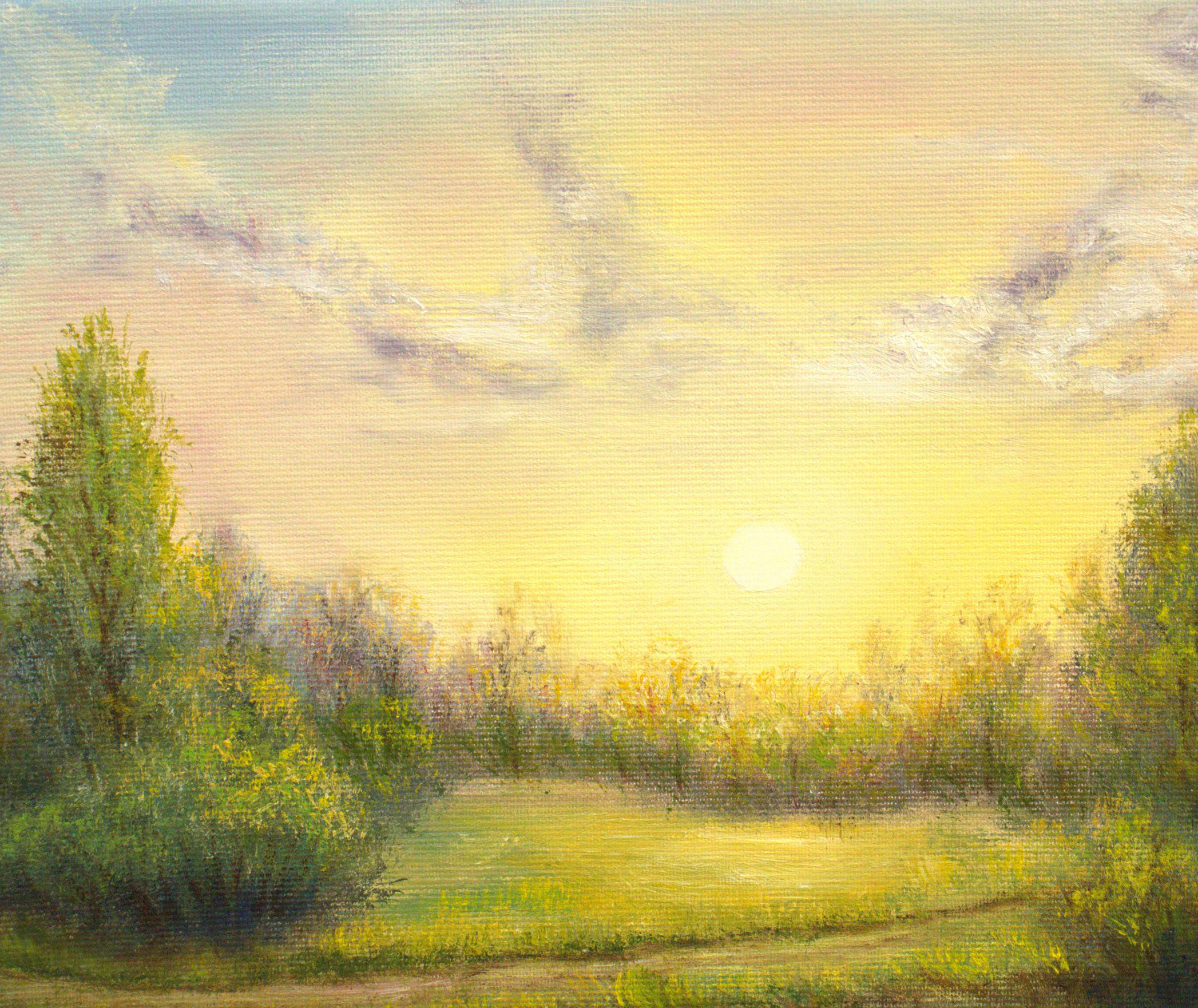 夕焼けの湖の油絵：写実的な野花の草原の風景画（16x12インチ