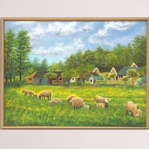 Paisagem campestre com ovelhas fazenda animal original pintura a óleo emoldurada ovelhas fofas pastando no prado presente para quarto de criança 12 x 16 polegadas