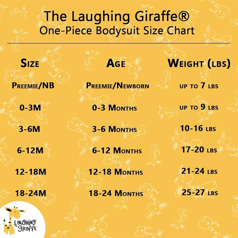 May include: A size chart for The Laughing Giraffe&reg; one-piece bodysuits. The chart lists sizes from Preemie/NB to 18-24M, with corresponding age ranges and weight in pounds (lbs). The chart is on a yellow background with giraffe illustrations.