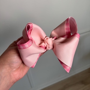 Plaid and light pink hair bow for babies, toddlers, and girls, 5 inch hair bow