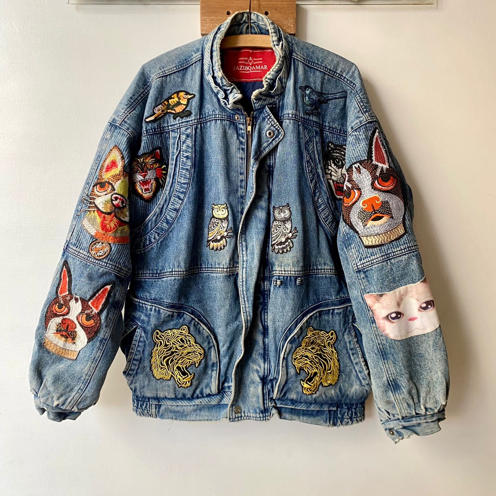 Vintage 70s Denim Blue Jean Jacket With Beer Car Patches Ford Trucker Size  Small