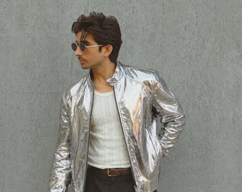 Silver Leather Jacket | Metallic Unisex Leather Jacket S M L XL XXL