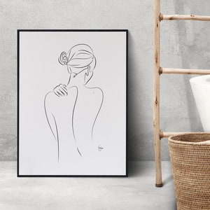Naked Woman with bun, body positivity art, bedroom poster, female back, posters aesthetic, outline design, eclectic home decor, Digital file