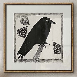 Black Crow print, Modern wall art decor, Black and white Crow painting, Square Print Square Poster, Vintage Bird Old poster digital download