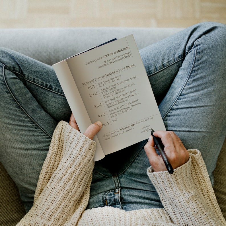 May include: A close-up of a page from a digital download guide for printable files. The page lists different print sizes and ratios for digital downloads, including ISO, 2x3, 3x4, 4x5, and 4x14. The text includes measurements in both inches and centimeters.