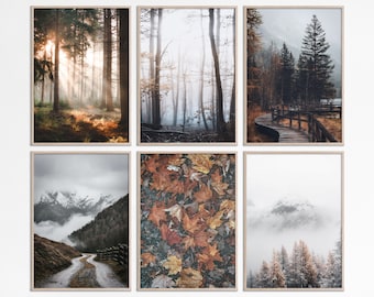 Gallery wall art set of 6 Autumn forest prints Foggy Landscape autumn colors posters 6 Pieces Fall decor Wall Art Prints Misty Autumn Print