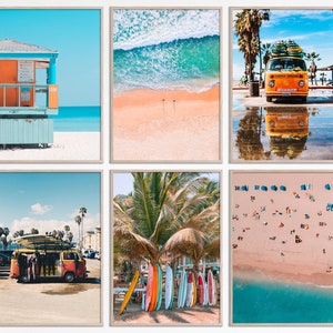 Surf prints set of 6 beach gallery posters, Surfboard, Retro Van, Pastel Lifeguard, Tropical Vibes, Surfboard wall art, Aerial ocean photo