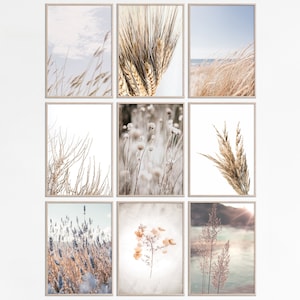 Conjunto de impresión botánica de 9 impresiones de granja Decoración de la habitación Boho Tonos neutros Cartel minimalista moderno Decoración de pared imprimible Descarga de archivos digitales