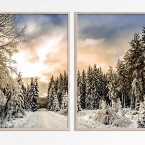 Winter Photography snow covered trees and road winter sunrise pastel sky, Christmas printables Winter forest sunset prints Set of 2 posters