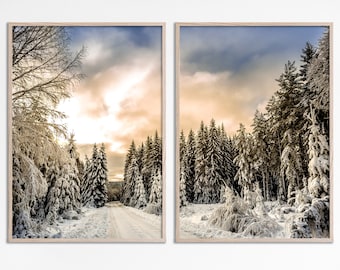 Winter Photography snow covered trees and road winter sunrise pastel sky, Christmas printables Winter forest sunset prints Set of 2 posters