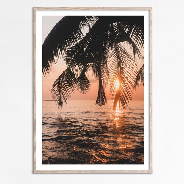 Tropical sunset photo, Palm Tree Sunset Print, Relaxing Sunset Ocean view, Palm Trees Wall art Summer Decor, Romantic Coastal Sunset poster