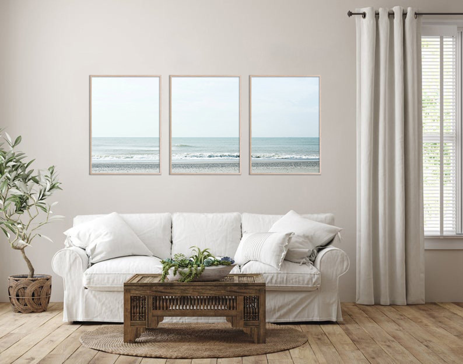 Coastal 3 Piece Wall Art, Neutral Beach Print Set of 3 Wall Art Blue ...