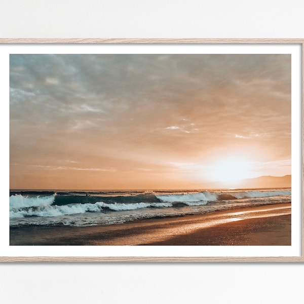 ビーチの夕日プリント、夕日のポスタープリント、日の出ビーチプリント、ビーチの夕日写真、ピーチサンセットサーフプリント夜明け写真デジタルダウンロード