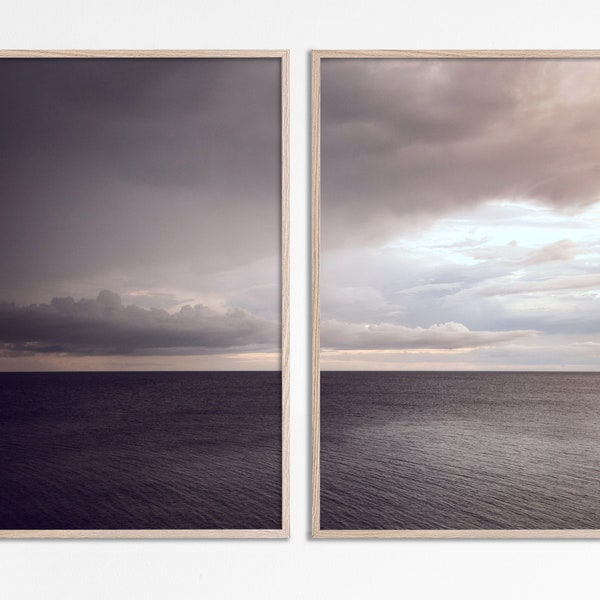 Moody Seascape Print set of 2 vertical posters, Dark Beach Art, Coastal Landscape Photo Cloudy Seascape Art Print, Nautical Decor Printables