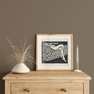 Nude Woman on Sofa, Black and White Expressionist Print, Nudist Art