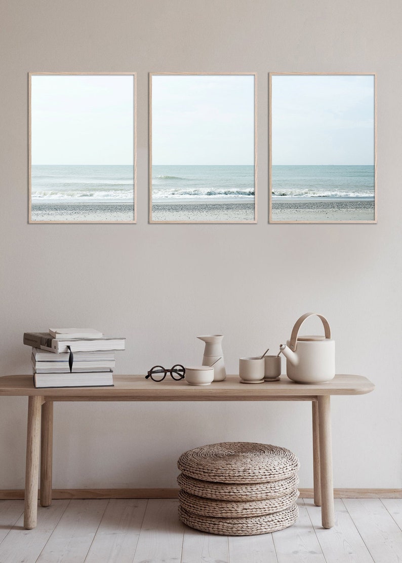 Coastal 3 Piece Wall Art, Neutral Beach Print Set of 3 Wall Art Blue ...