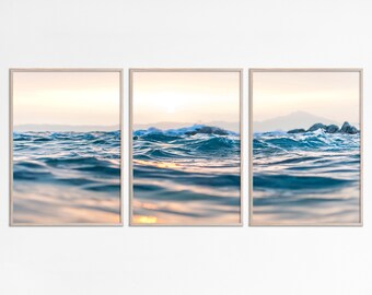 3-częściowy obraz ścienny z fotografią wody morskiej, zestaw pastelowych obrazów ściennych z plażą, 3 wydruki, tryptyk z podzielonymi wydrukami, pastelowe kolory, wystrój domu w stylu nadmorskim