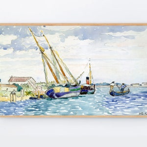 May include: Watercolour painting of boats moored in a harbour. The artwork is in a wooden frame, with a blue and purple boat in the foreground. Two people are in a gondola on the water. The sky is blue with white clouds.