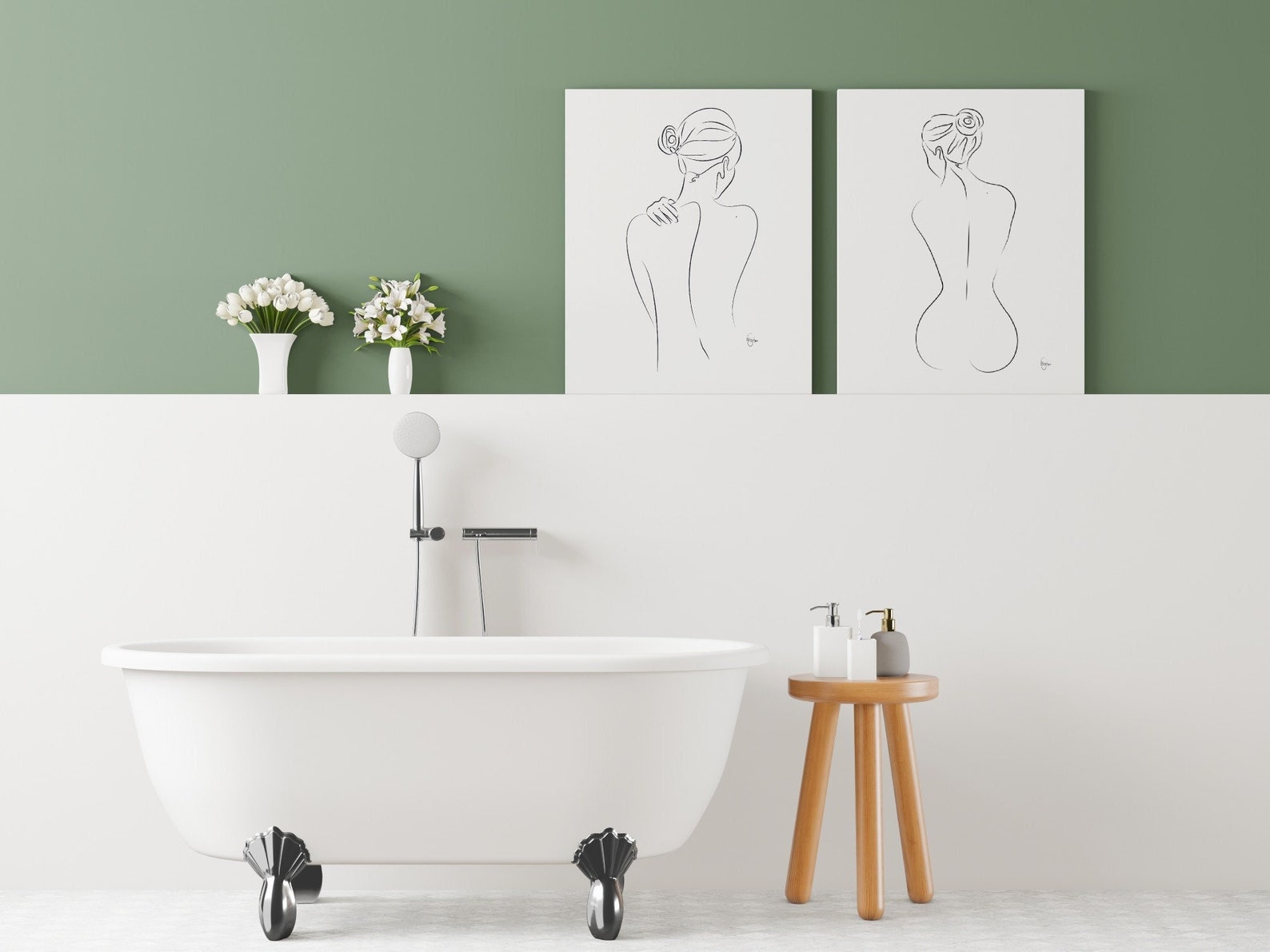 Set of 2 Naked Women, Curvy Woman Art, Bath Printable Wall Art, Female